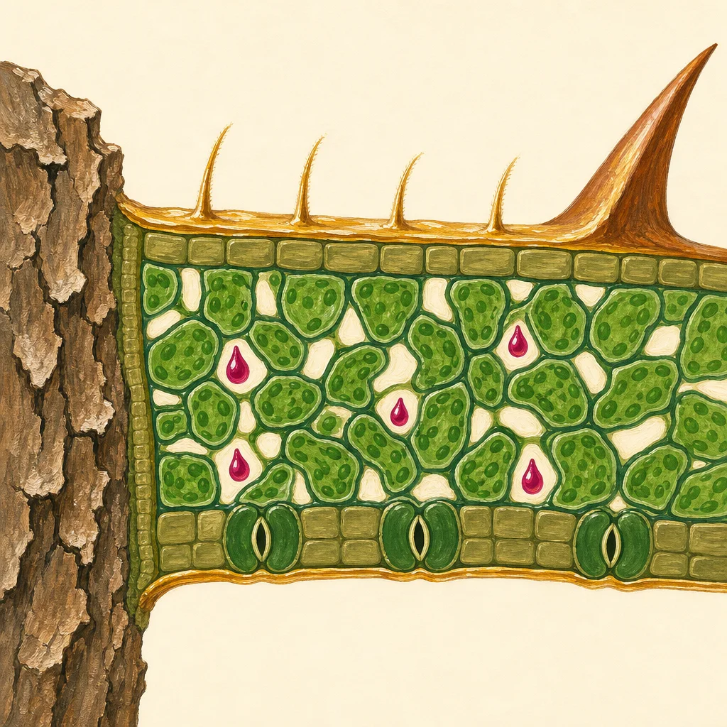 Painted cross-section through a leaf showing five plant defences: a waxy cuticle on top, cellulose cell walls in the mesophyll, magenta antibacterial chemical droplets, a bark cross-section on the left, and a thorn on the right.