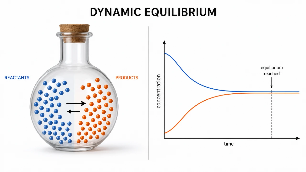 Graph showing forward reaction rate decreasing and reverse reaction rate increasing over time until they meet at equilibrium where both rates are equal