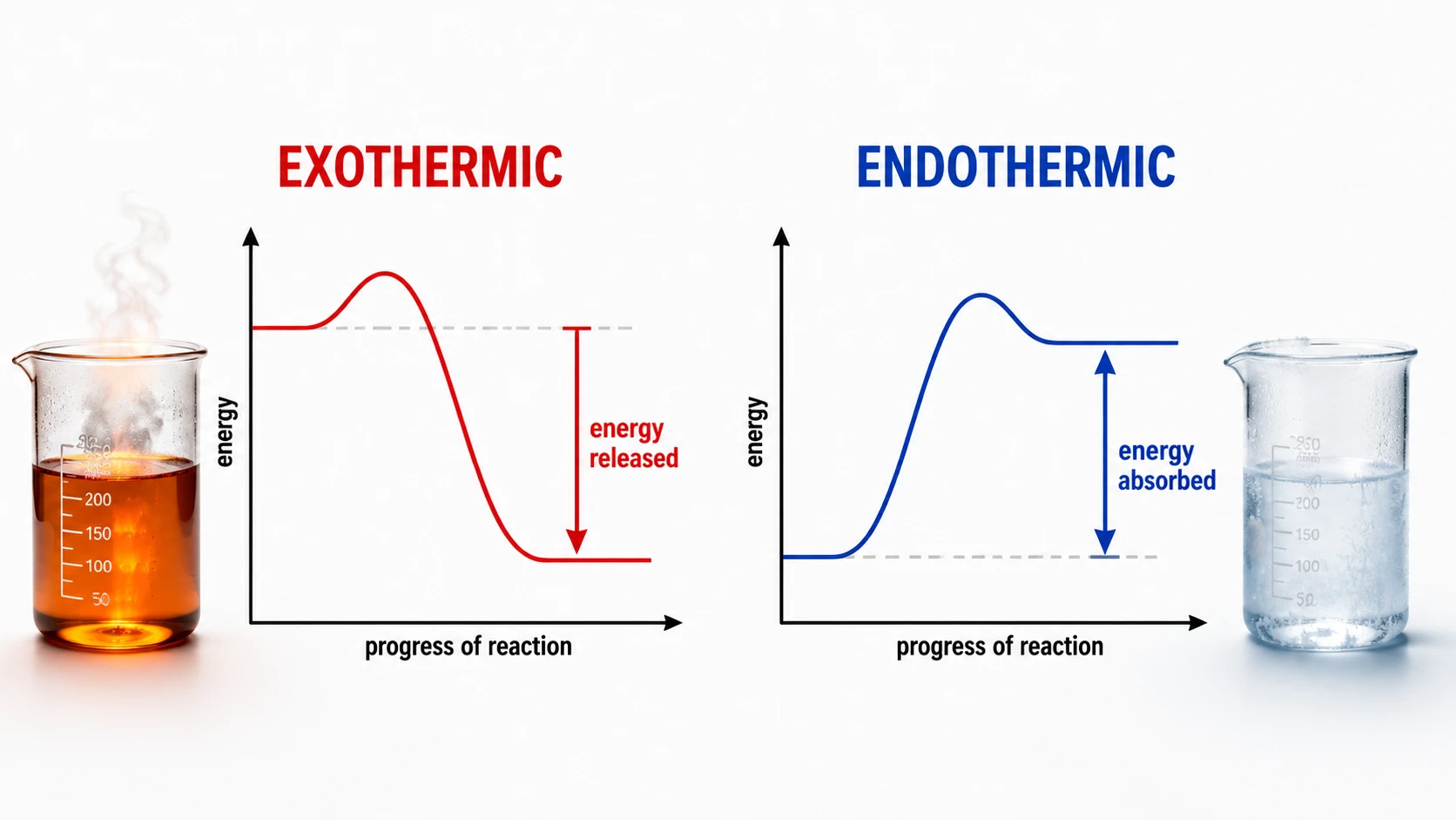 Comparison of exothermic and endothermic reactions showing energy level changes