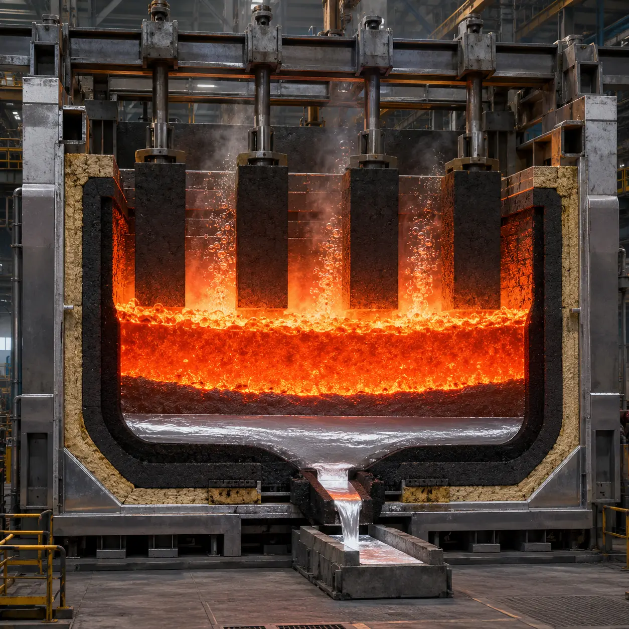 Cross-section of an industrial Hall-Heroult cell for aluminium extraction, showing carbon anodes, glowing molten cryolite mixture, carbon cathode lining, and molten aluminium draining from a tap. Click each part to explore.