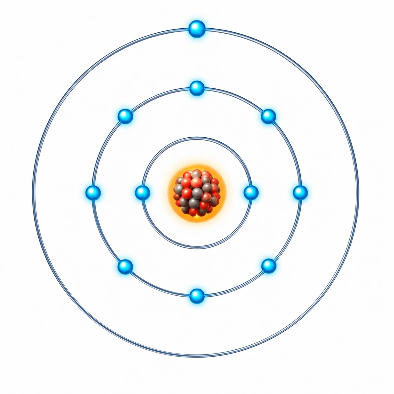 Bohr model of a sodium atom showing nucleus, three electron shells, and electrons as glowing blue dots. Click each part to explore.