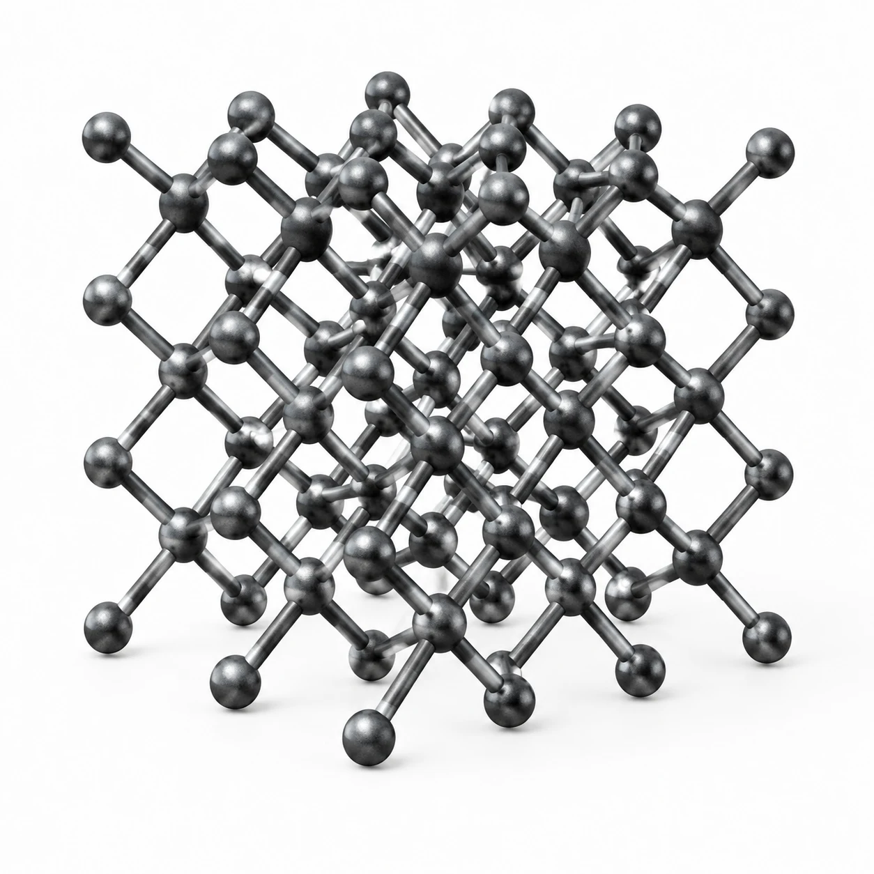 Diamond crystal structure showing carbon atoms as dark grey spheres each bonded to 4 others in a tetrahedral giant covalent lattice.