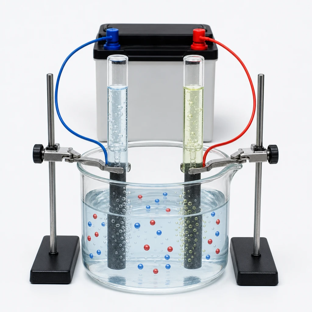 Electrolysis of brine showing glass beaker with aqueous sodium chloride, two carbon electrodes, inverted test tubes collecting hydrogen and chlorine gases, DC power supply. Click each part to explore.