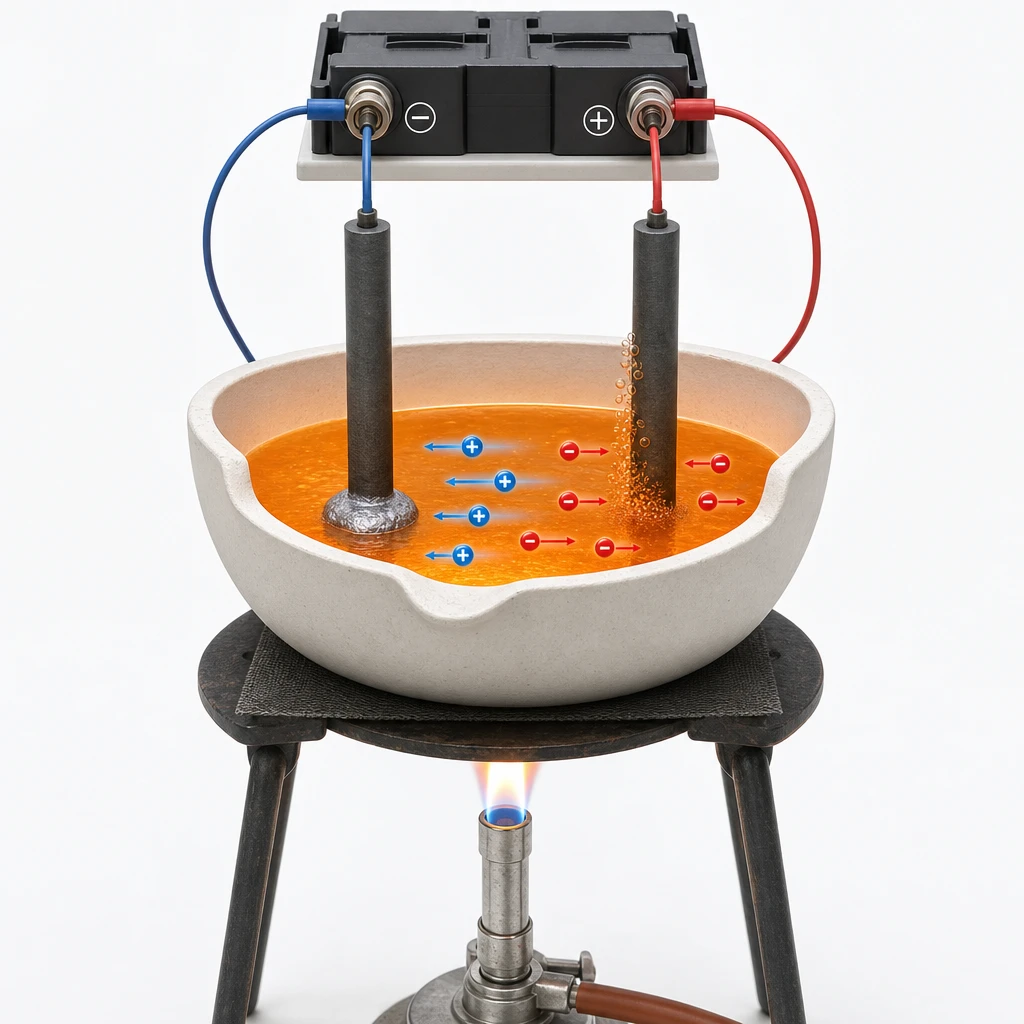 Electrolysis cell for molten lead bromide showing DC power supply, carbon electrodes, crucible with glowing molten electrolyte on a Bunsen burner tripod. Click each part to explore.