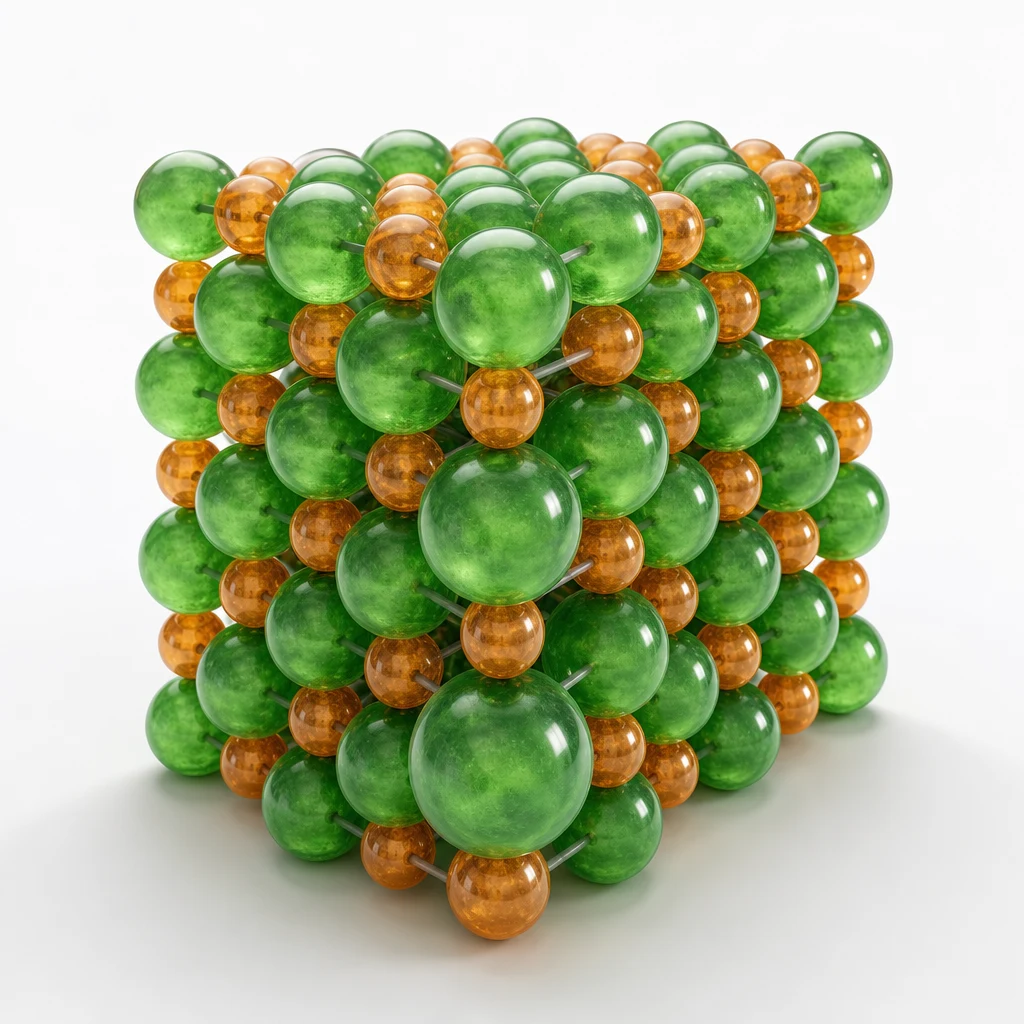 Giant ionic lattice of sodium chloride showing alternating Na+ and Cl- ions in a 3D cubic arrangement.