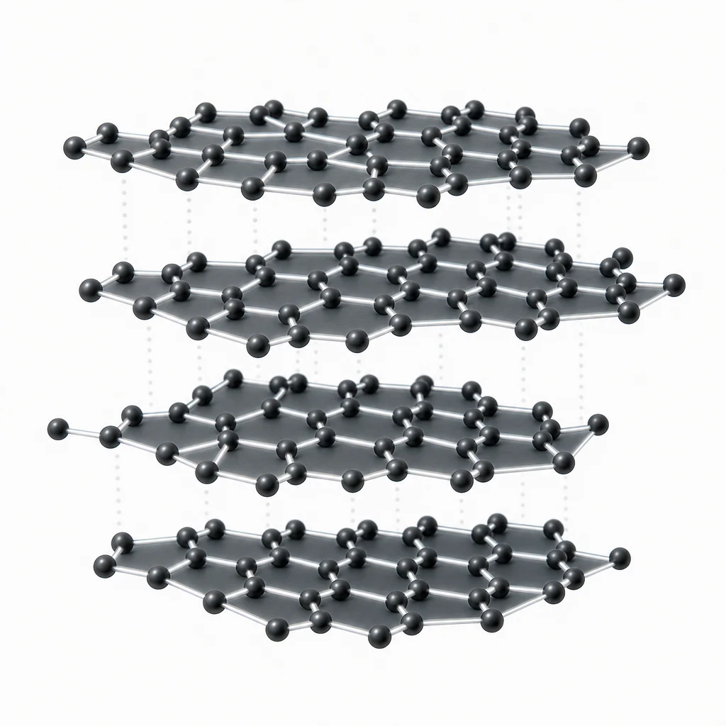 Graphite crystal structure showing stacked hexagonal layers of carbon atoms. Strong covalent bonds within each layer, weak van der Waals forces between layers allow layers to slide.