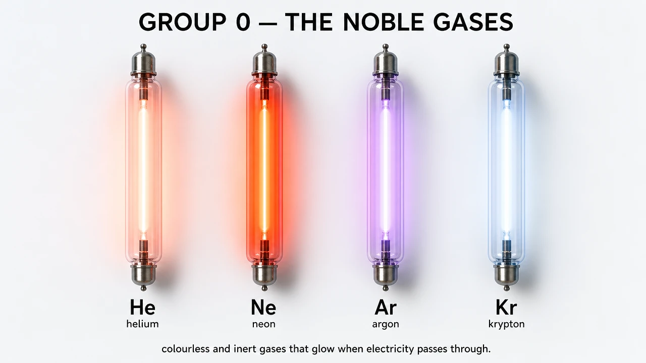 Properties of Group 0 noble gases showing helium, neon and argon with full outer shells