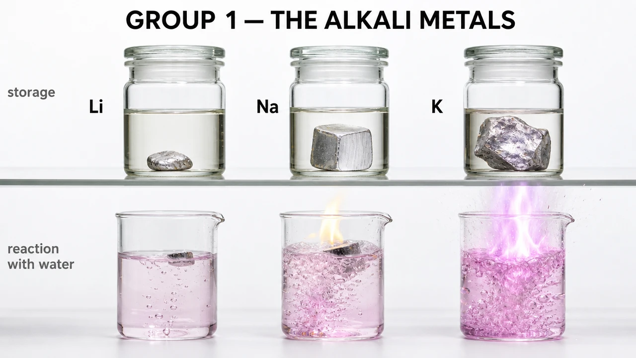 Properties of Group 1 alkali metals showing lithium, sodium and potassium with reactivity trend