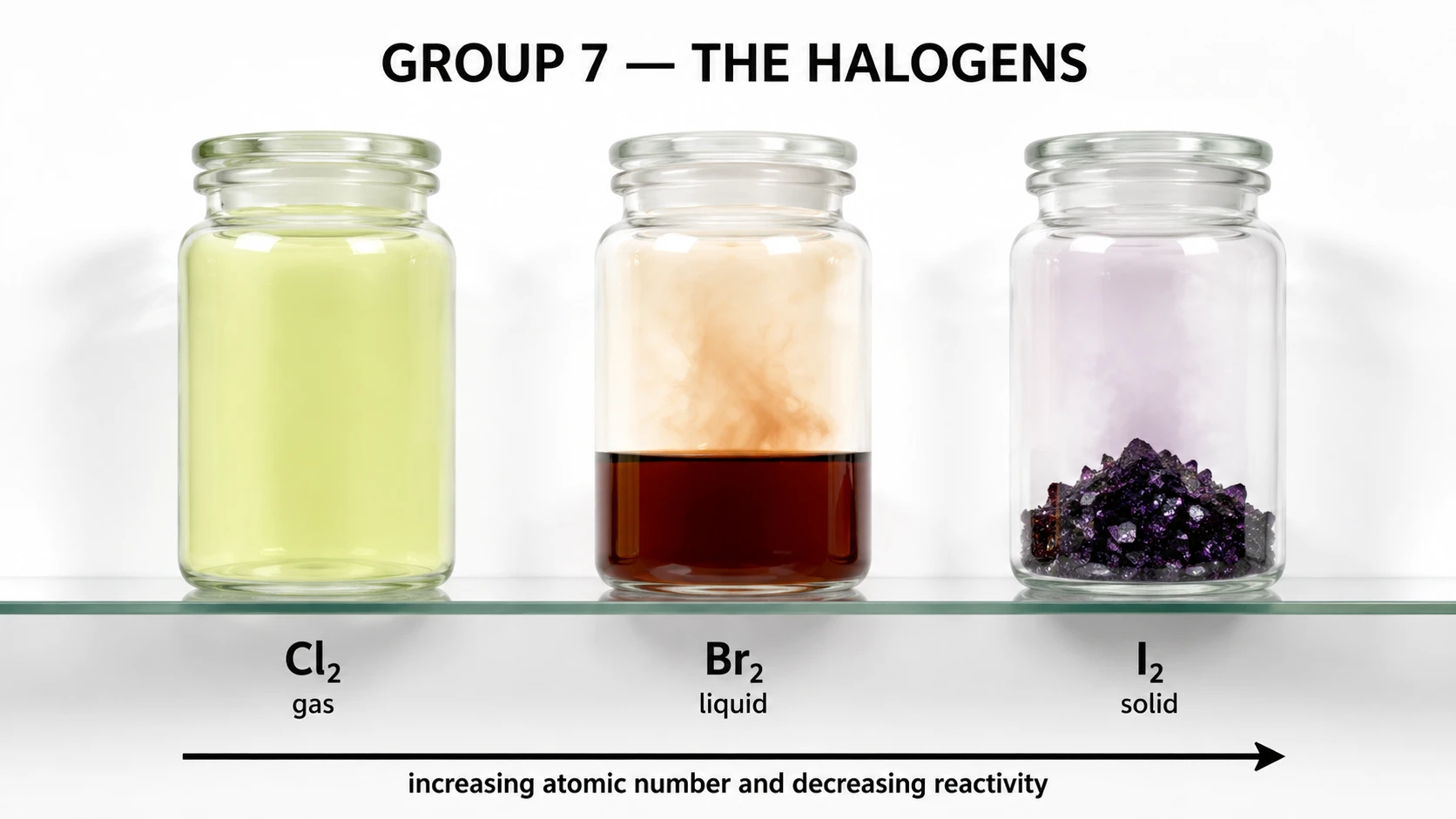 Properties of Group 7 halogens showing fluorine, chlorine, bromine and iodine with reactivity trend