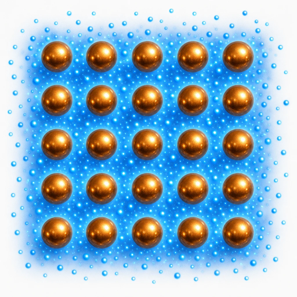 Metallic bonding showing a regular lattice of positive metal ions surrounded by a sea of delocalised electrons (shown as small blue dots moving freely between the ions)
