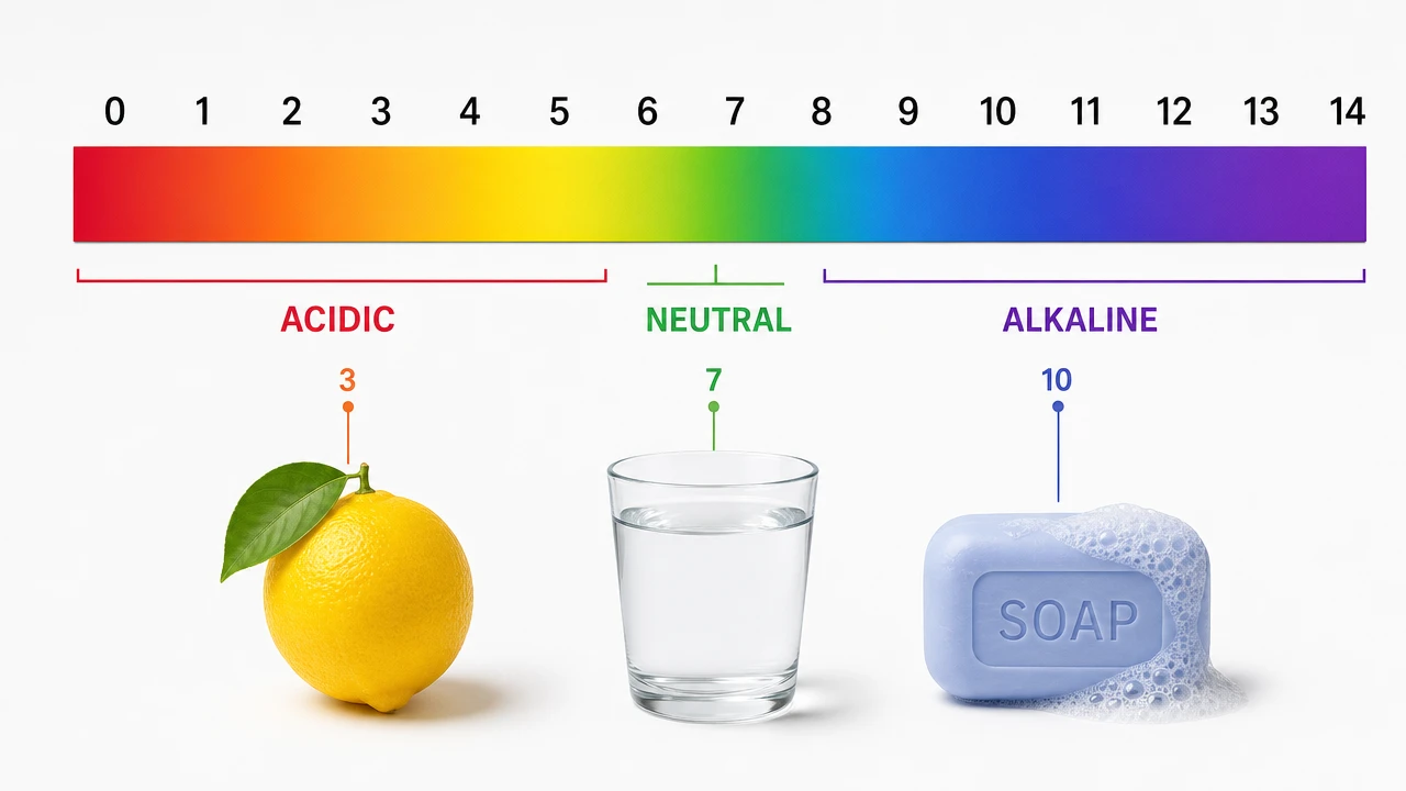 pH scale from 0 to 14 showing colour gradient from red (strong acid) through green (neutral) to purple (strong alkali), with everyday examples at key pH values