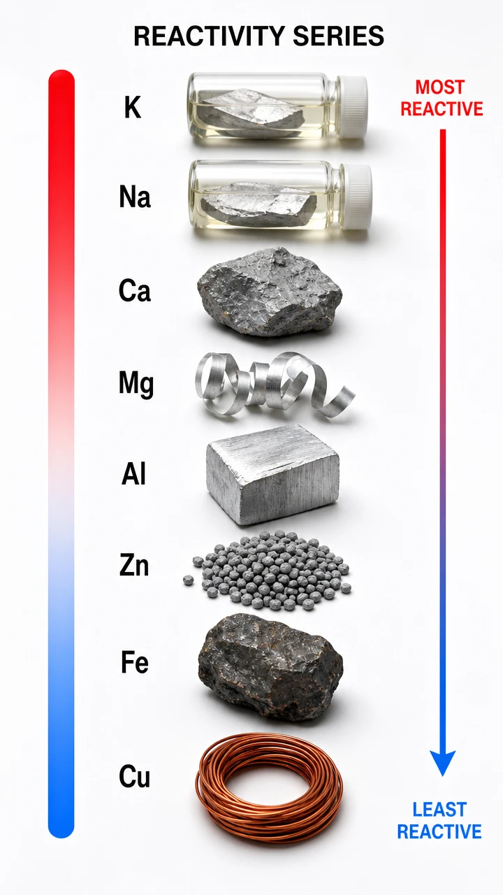 Reactivity series of metals from potassium to gold with extraction methods