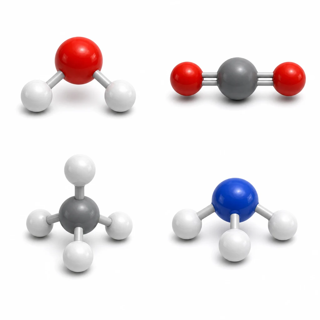 Four simple molecular models: water (H2O, bent), carbon dioxide (CO2, linear), methane (CH4, tetrahedral), and ammonia (NH3, pyramidal) shown as ball-and-stick models