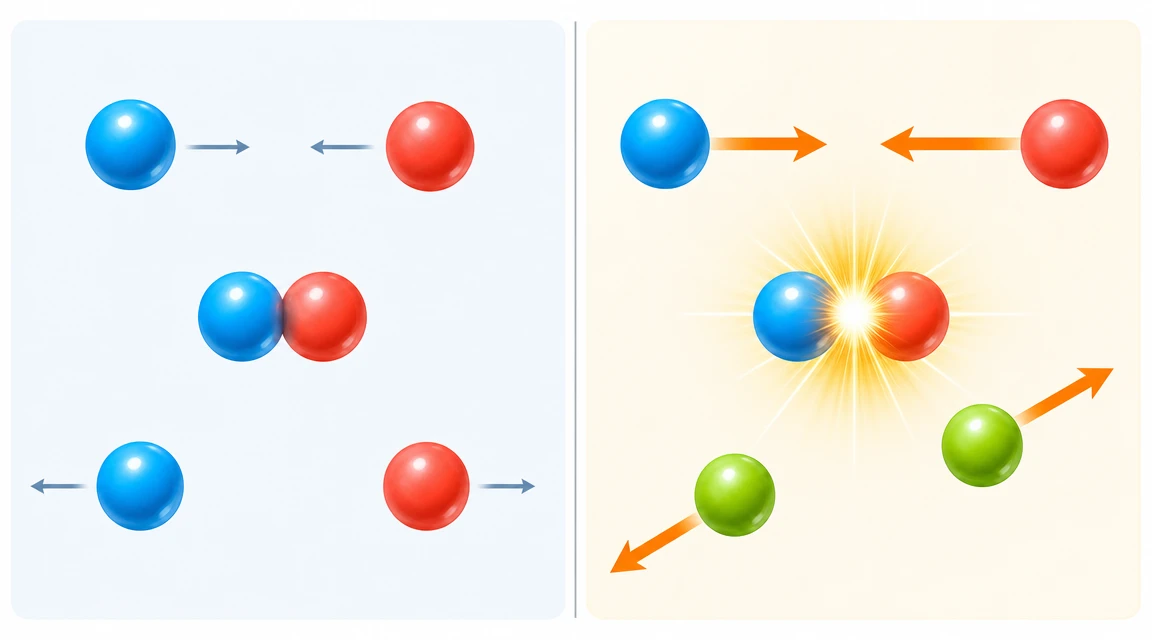 Two-panel diagram: left panel shows slow particles (blue and red spheres) colliding with insufficient energy — they bounce apart unchanged. Right panel shows fast particles colliding with high energy — golden starburst at impact point, green product particles emerge. GCSE Chemistry revision — collision theory.