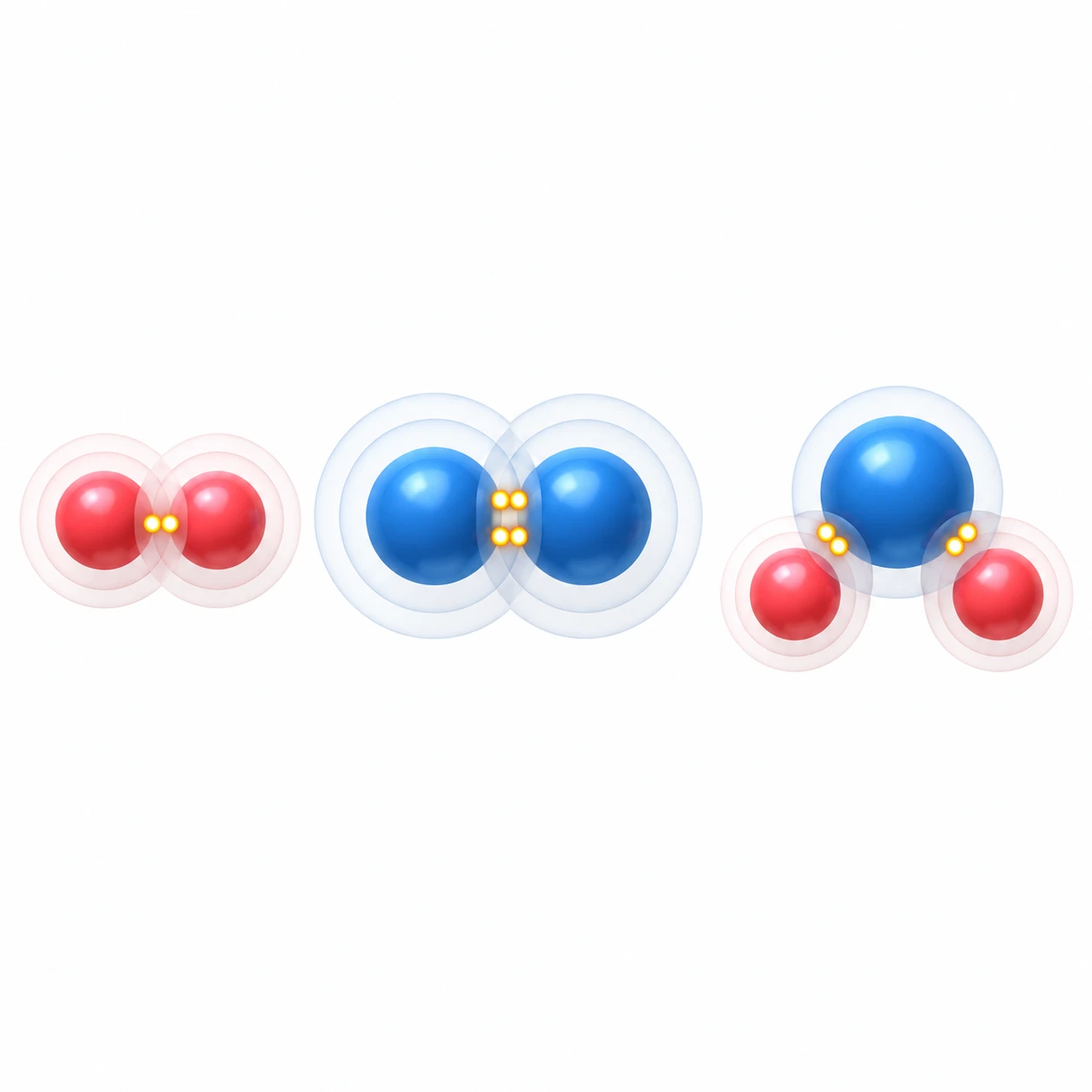 Three molecular models: H₂ molecule (two small red hydrogen spheres sharing one electron pair), O₂ molecule (two large blue oxygen spheres sharing two electron pairs — double bond), and H₂O molecule (one blue oxygen sphere bonded to two red hydrogen spheres in a V-shape at 104°). GCSE Chemistry revision — covalent bonding.