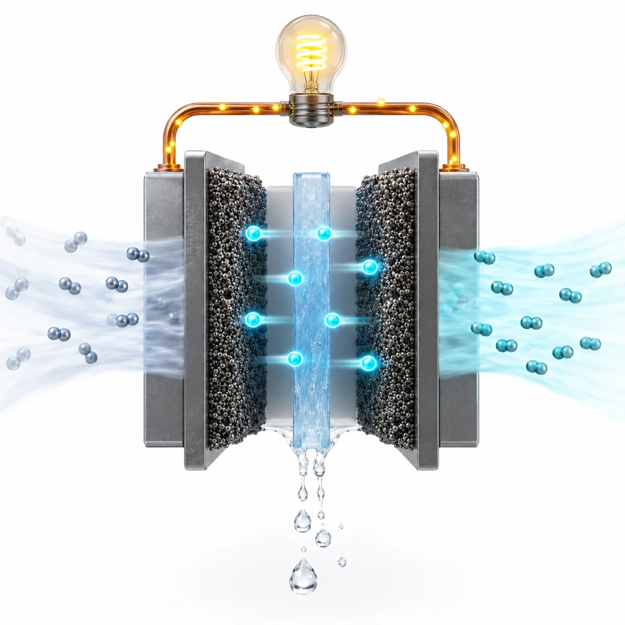 Cutaway diagram of a hydrogen fuel cell showing the anode (left), polymer membrane (centre), cathode (right), light bulb connected by external circuit, hydrogen molecules entering from left, oxygen from right, and water dripping from the bottom. GCSE Chemistry revision — fuel cells.