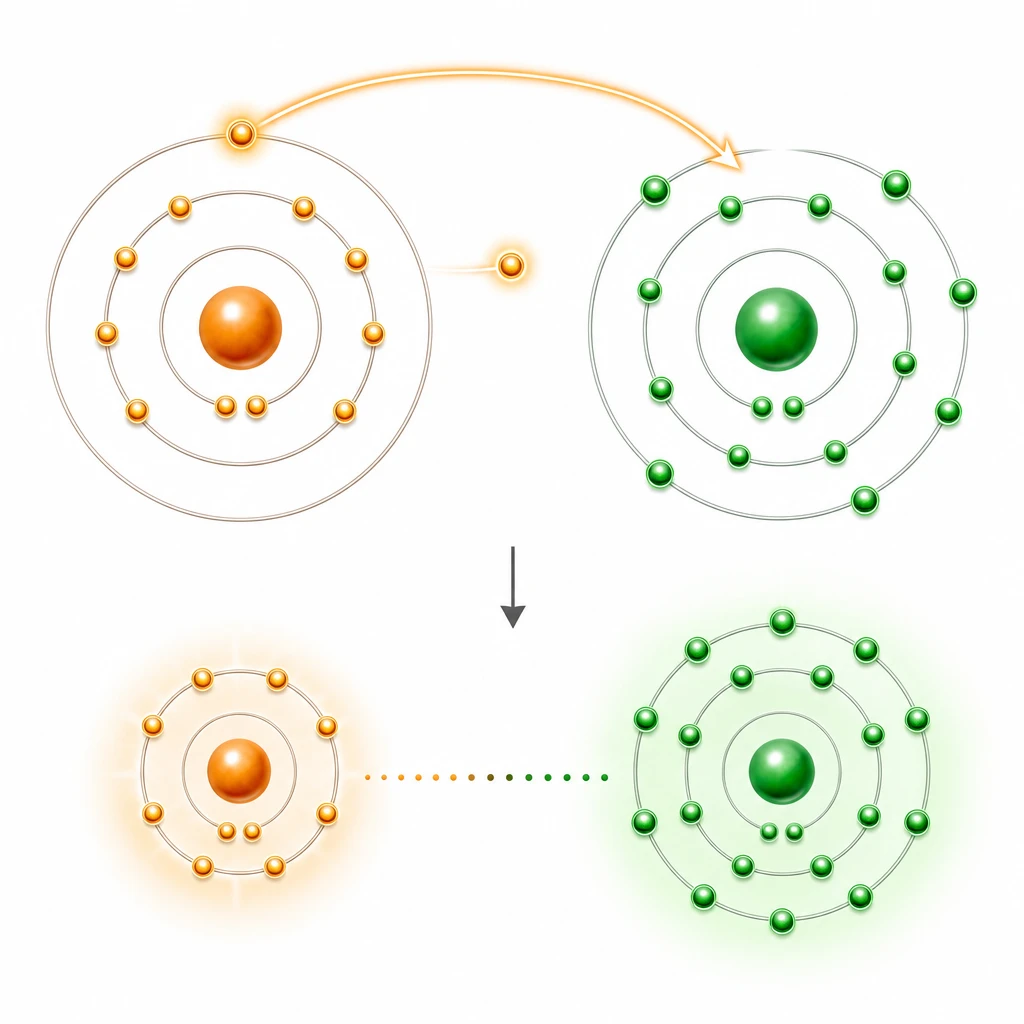Diagram showing ionic bonding: sodium atom (orange, 2,8,1 shell structure) transfers its outer electron to chlorine atom (green, 2,8,7 shell structure). Below shows the resulting Na⁺ ion and Cl⁻ ion attracting each other. GCSE Chemistry revision — ionic bonding.