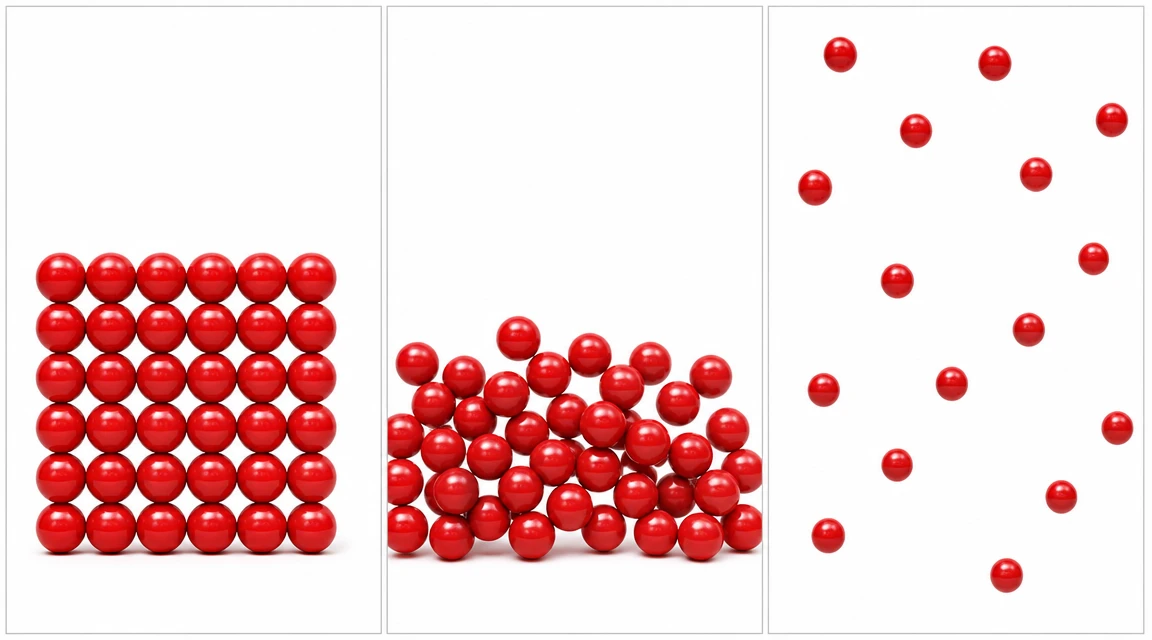 Three-panel diagram showing particle arrangements in solids (tightly packed regular grid), liquids (close but irregular clusters), and gases (widely scattered particles). GCSE Chemistry revision — states of matter.