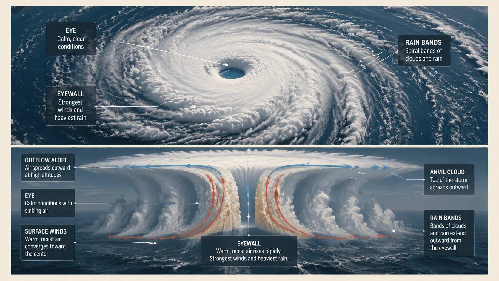 Cross-section diagram of a tropical storm showing the eye, eyewall, and spiralling rain bands
