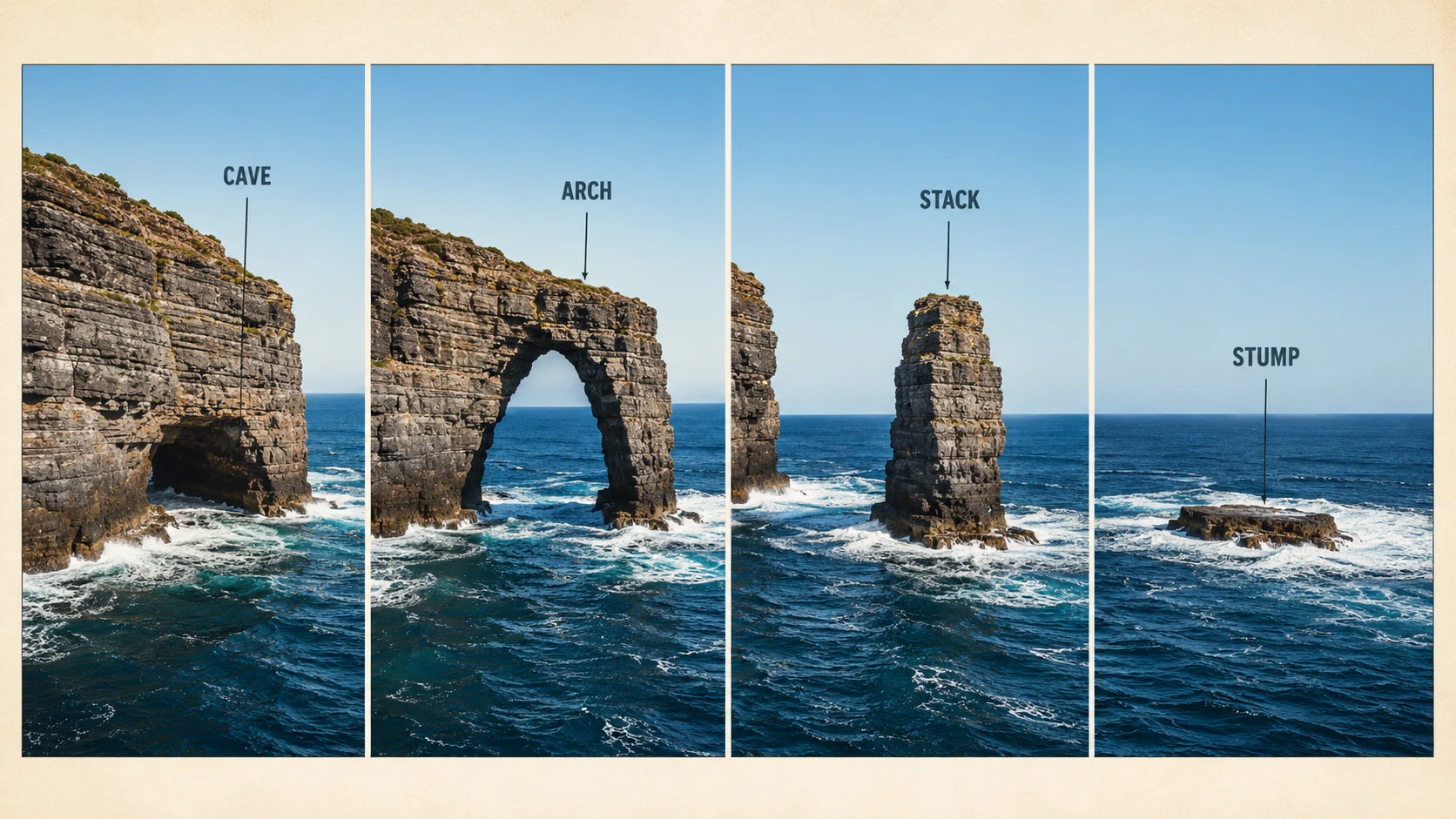 Diagram showing the cave-arch-stack-stump erosion sequence at a headland — showing how hydraulic action and abrasion gradually destroy a headland over time
