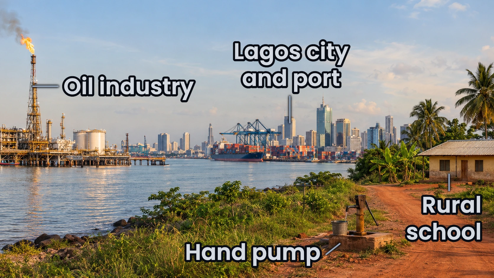 Nigeria in three parts. On the left an oil site with a gas flare, in the middle the Lagos skyline and container port, and on the right a rural village with a school and a hand pump.