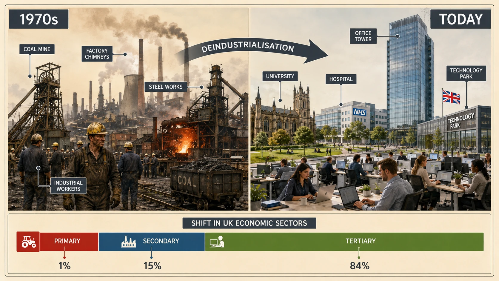 UK economic transition from 1970s industrial landscape to modern service economy
