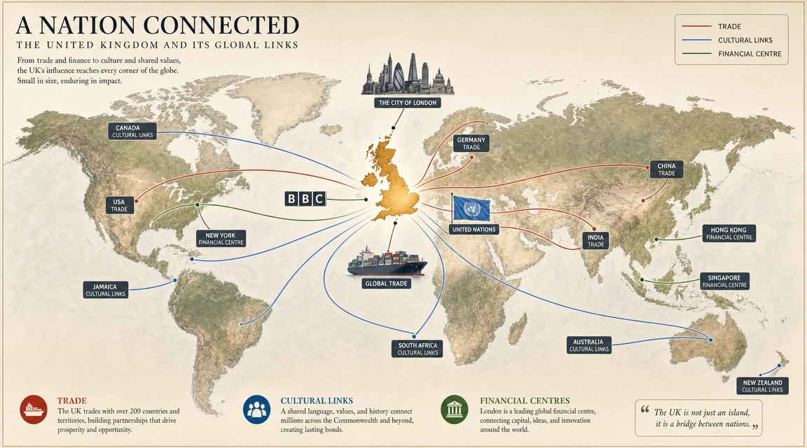 World map showing UK trade, cultural, and financial connections radiating globally