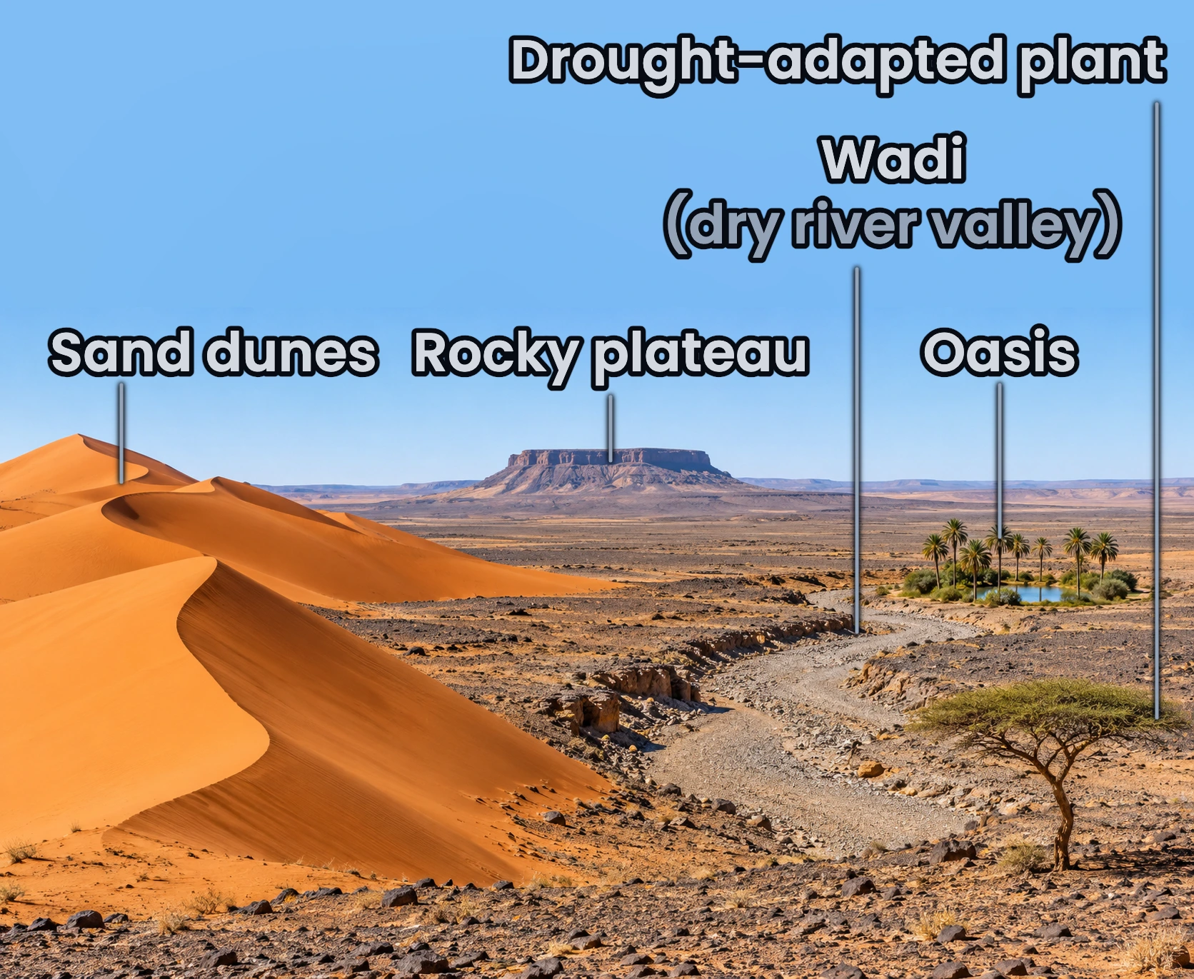 Hot desert landscape with three sand dunes in the foreground, a flat rocky plateau behind them, a dry river valley called a wadi, a small oasis with date palms and a pool, and a drought-adapted acacia tree.