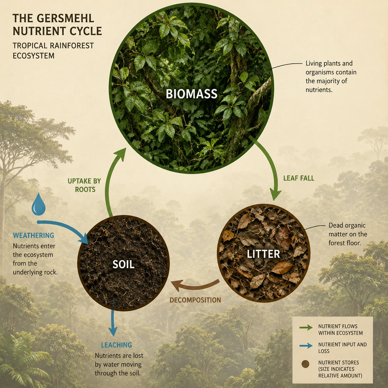 Diagram showing the nutrient cycle in an ecosystem — nutrients flow between the three stores of biomass, litter, and soil, with inputs from weathering and outputs via leaching