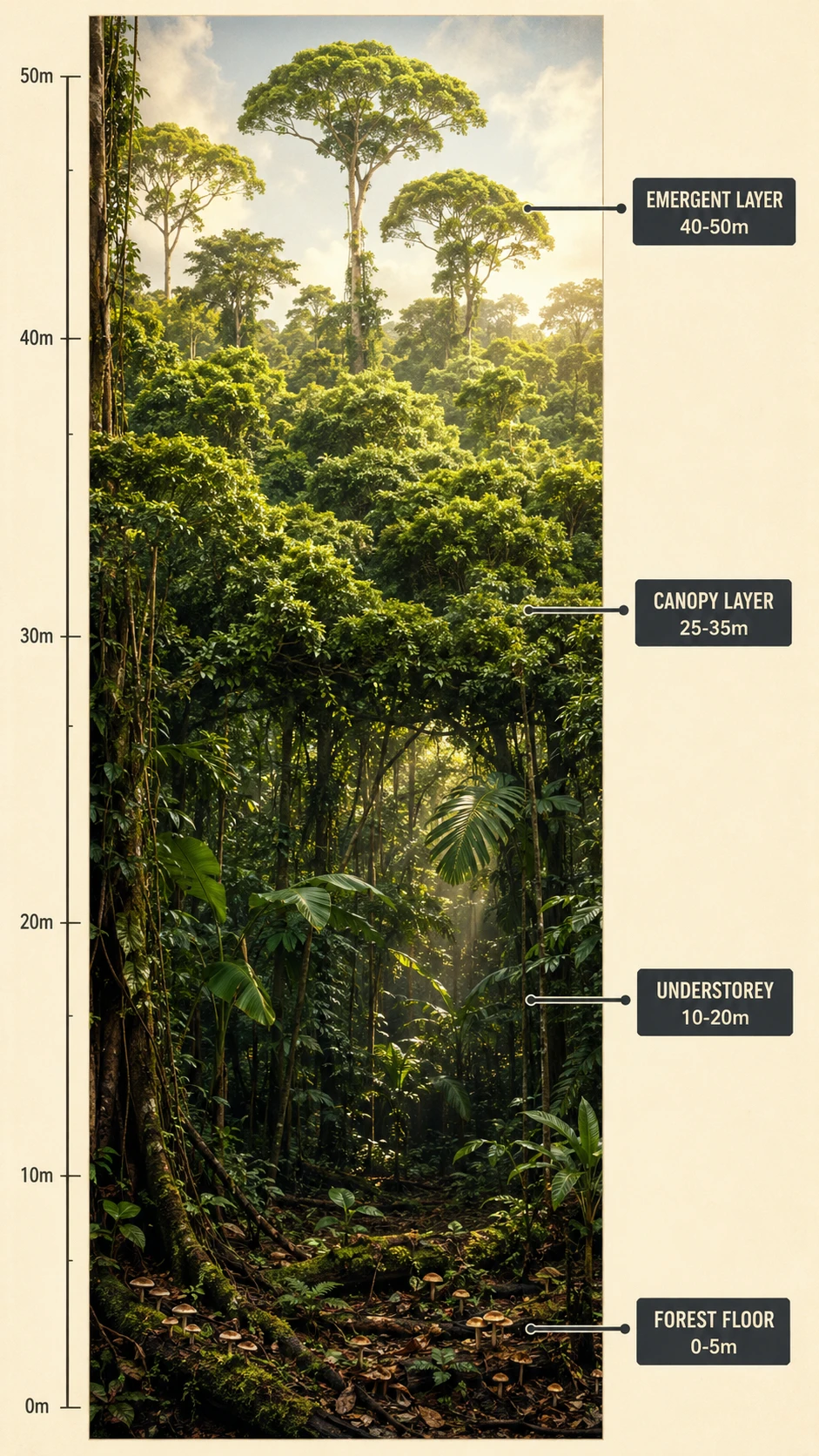 Diagram showing the four layers of a tropical rainforest — emergent, canopy, understorey, and forest floor