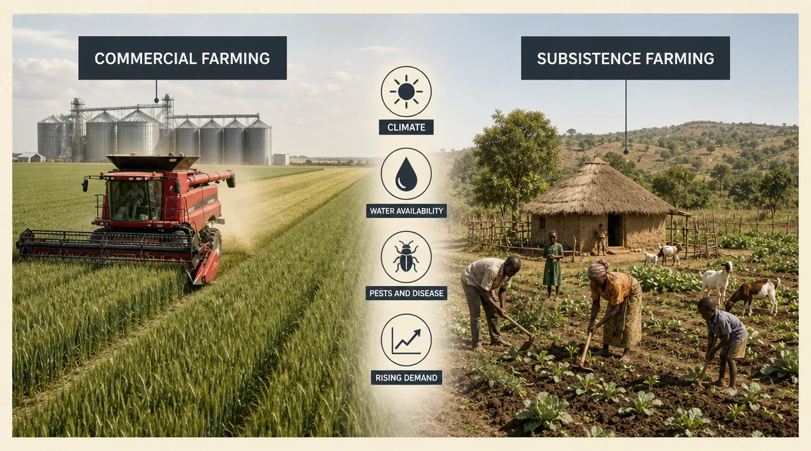 A combine harvester on a large commercial farm beside a family hoeing crops by hand on a small subsistence farm, with icons for climate, water availability, pests and disease, and rising demand, which all affect food supply