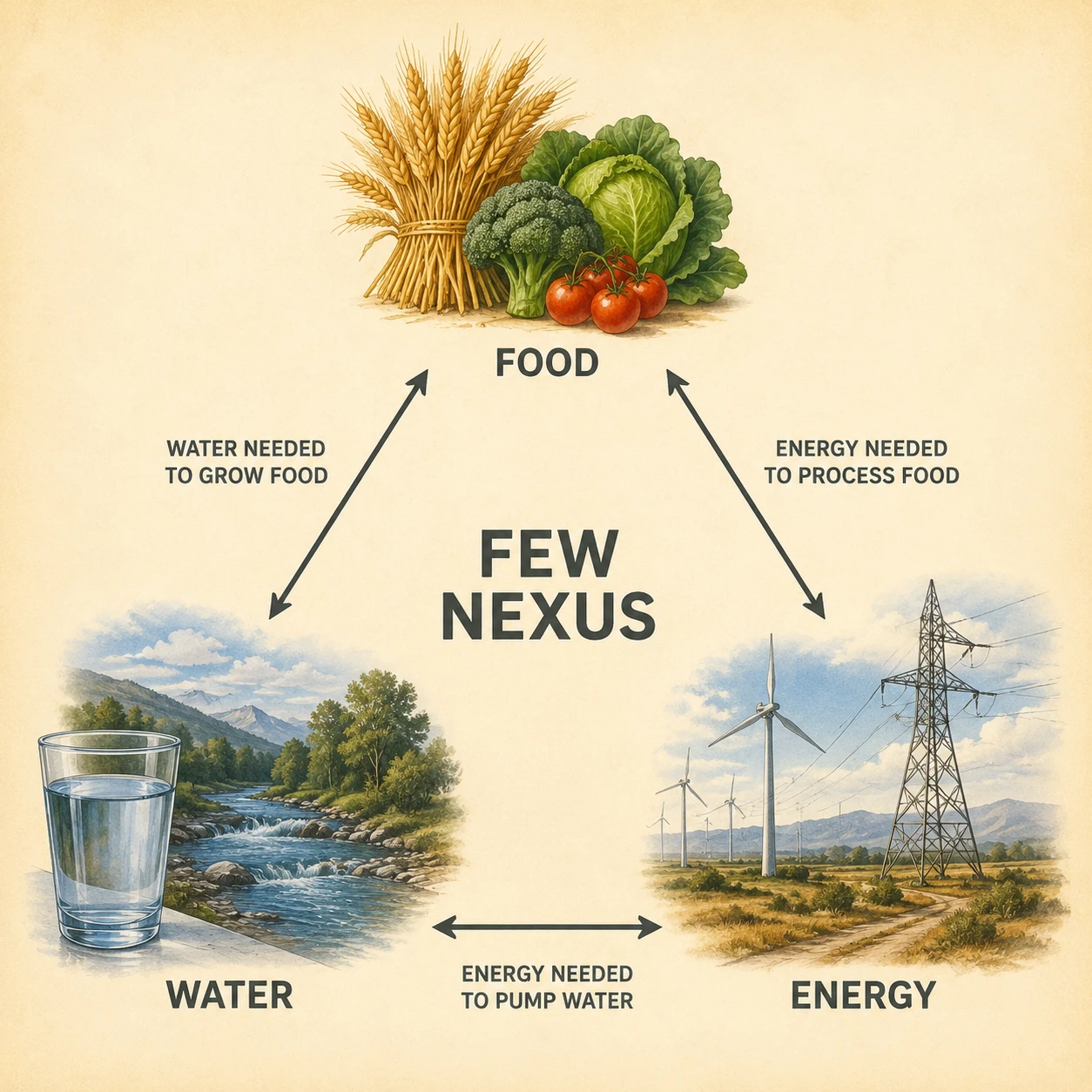 Diagram showing the interconnection between food, water, and energy resources — the FEW nexus triangle