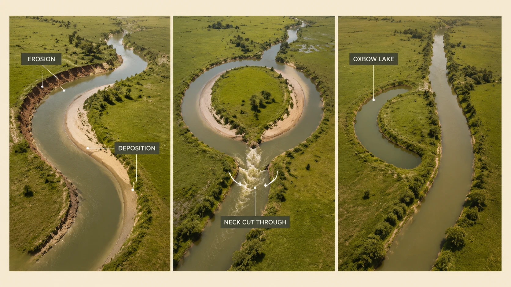 Diagram showing meander formation through erosion on the outside of a bend and deposition on the inside, leading to an ox-bow lake when the meander neck is cut through during a flood