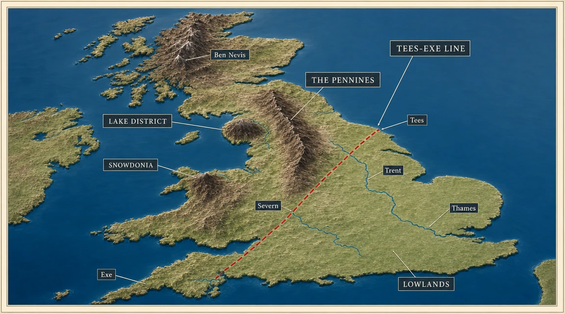 UK relief map showing uplands, lowlands, and the Tees-Exe line dividing highland and lowland Britain