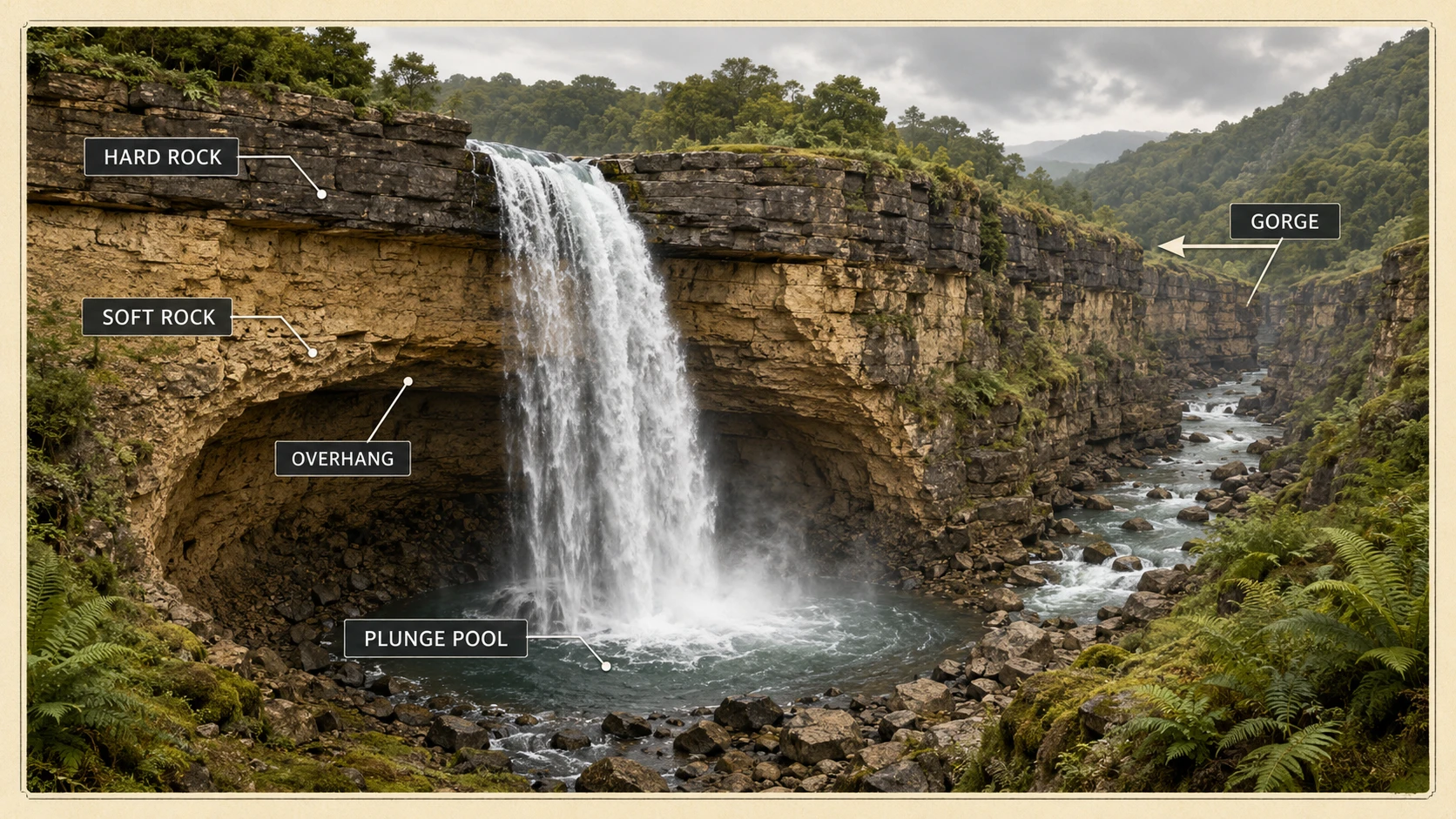 Cross-section diagram showing waterfall formation through differential erosion of hard and soft rock, with undercutting, plunge pool, and gorge formation indicated