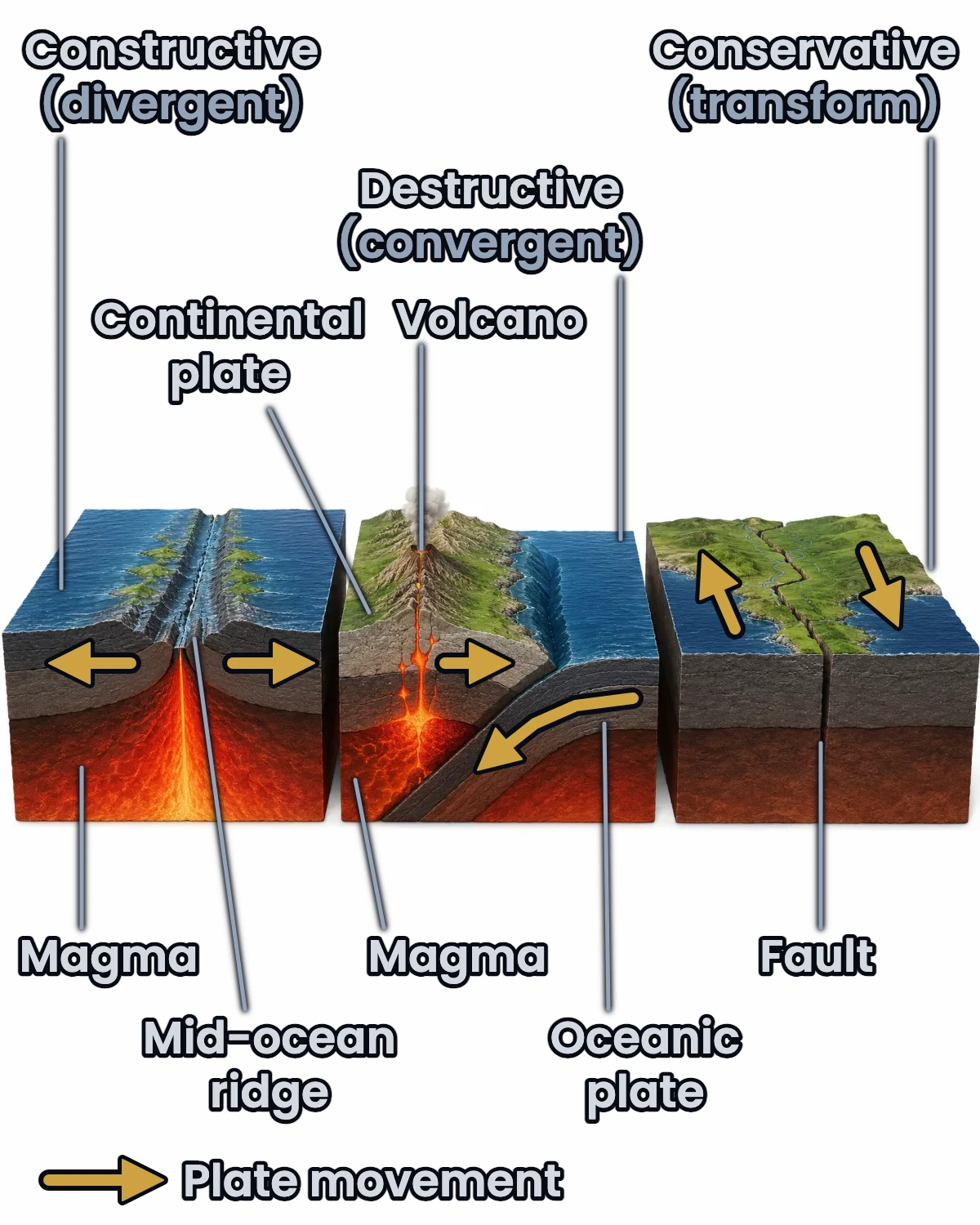 Three block diagrams of plate boundaries: plates moving apart at a constructive boundary, an oceanic plate sinking under a continental plate at a destructive boundary, and plates sliding past each other at a conservative boundary. These are the plate movements behind earthquakes and volcanoes.