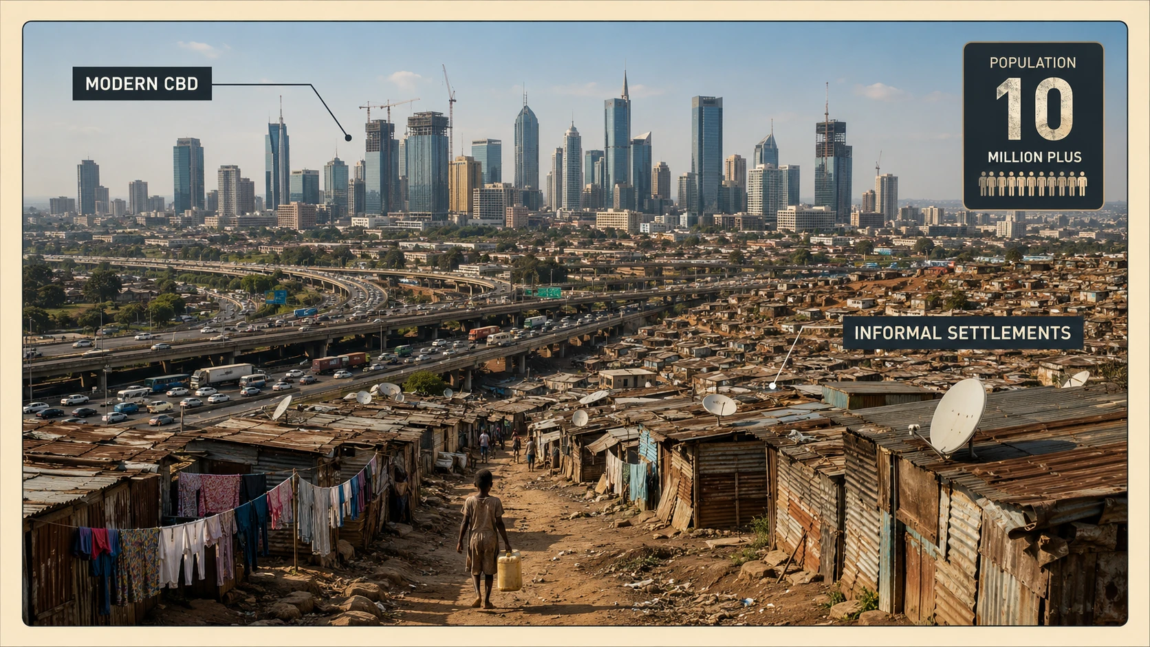 Megacity panorama contrasting modern CBD skyline with informal settlements in the foreground