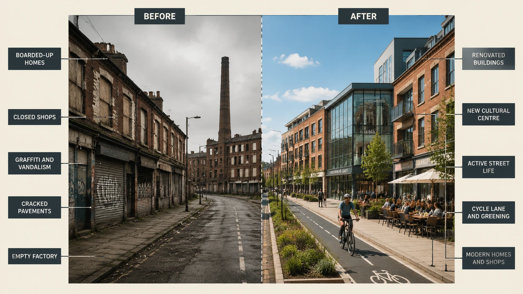 Before and after urban regeneration showing transformation of a run-down inner city area