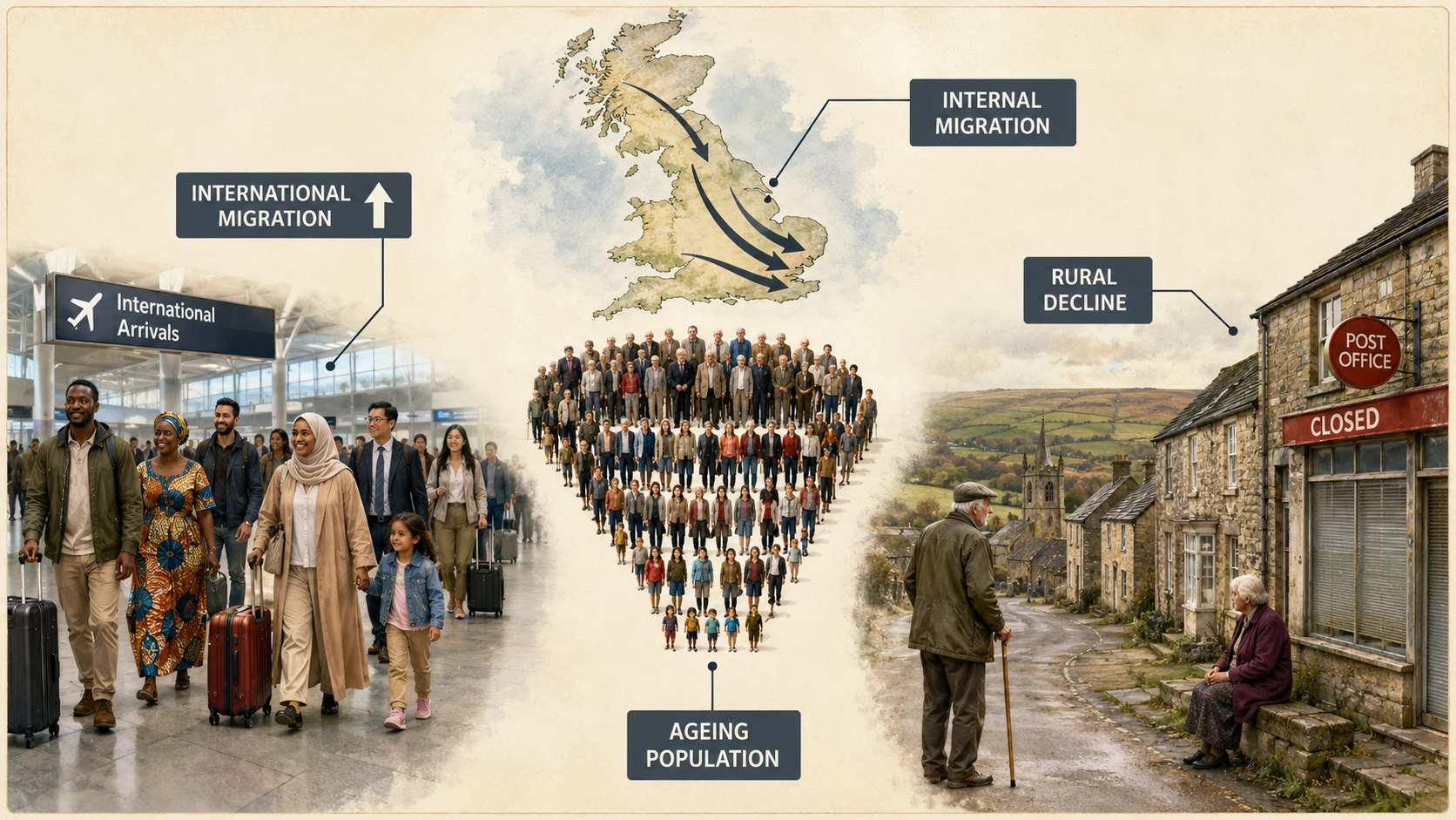 UK demographic change showing ageing population, international migration, and rural decline