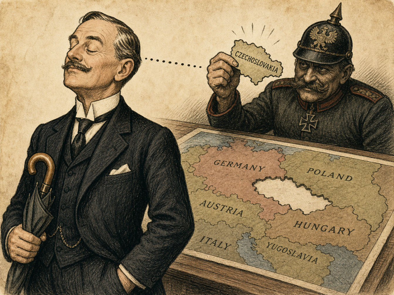 A political cartoon criticising Neville Chamberlain over the Munich Agreement, produced around the time of the Sudeten Crisis. It shows Chamberlain ignoring or turning a blind eye to what Hitler is doing, while Hitler is shown cutting up Czechoslovakia behind Chamberlain's back.