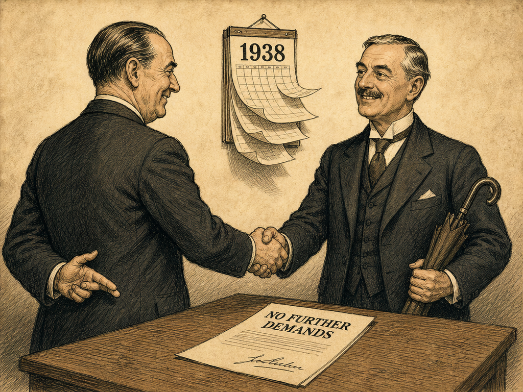 An American political cartoon from 1938, critical of appeasement. It suggests the Munich Agreement might not keep Hitler quiet for long despite his promise not to make any further territorial demands, reflecting an outside view that Chamberlain was naive to trust him.