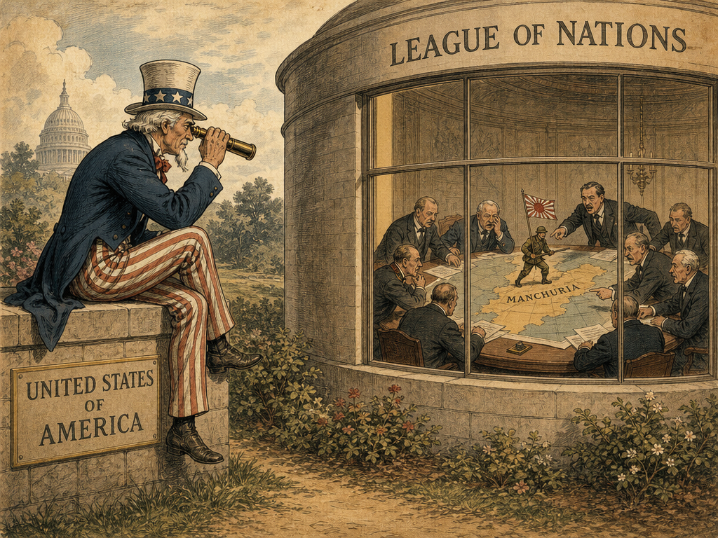 An American political cartoon from 1931, published during the Manchurian Crisis. It criticises the League as ineffective because the USA was not a member, and its purpose seems to be encouraging America to do more to help solve the problem of Japan's invasion of Manchuria, since the League itself lacked the military or economic power to stop it.
