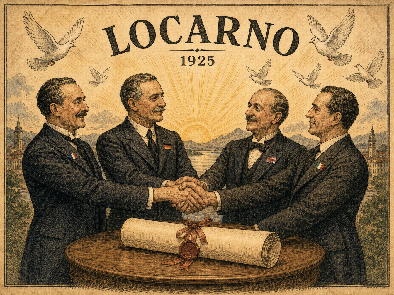 A political cartoon produced in the same year as the Locarno Treaties were signed. Its title celebrates the idea of European countries, including France and Germany, agreeing not to go to war with each other in the future.