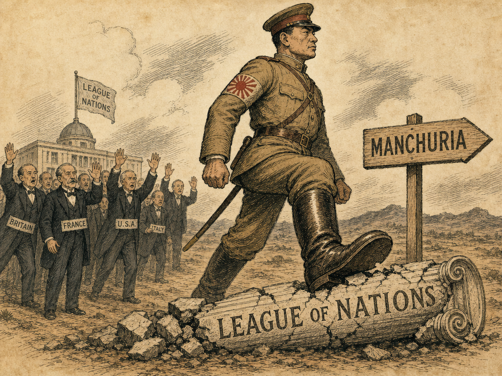 A political cartoon produced at the time of the Manchurian Crisis (1931 to 1933). Its title suggests Japan is disregarding or ignoring the League of Nations, and the image shows Japan walking over or trampling the League, implying the League had no real power to stop a determined aggressor.