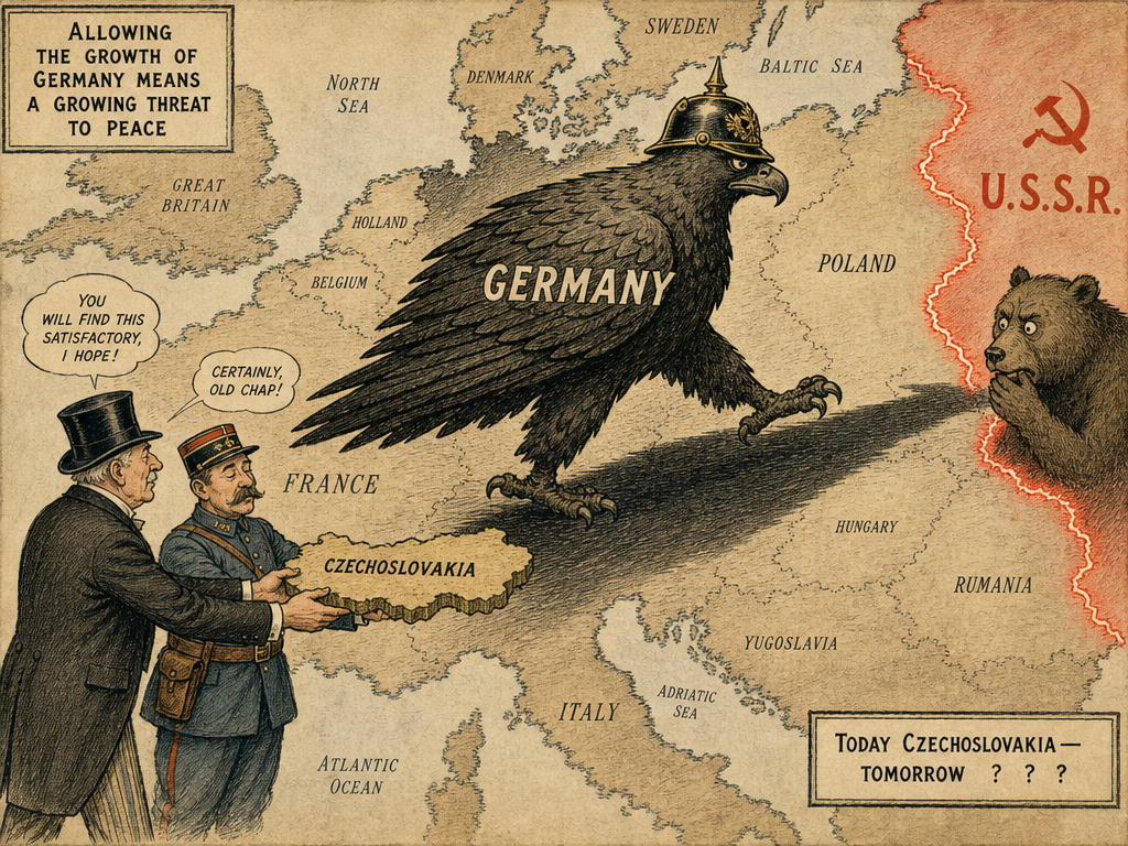 A political cartoon from a Soviet publication, produced around the time of the Munich crisis. It shows Britain and France putting Czechoslovakia in danger by giving in to Nazi Germany, with a caption reflecting the Soviet view that the Munich Agreement made Nazi Germany stronger and better able to expand eastward, closer to the USSR's own border.