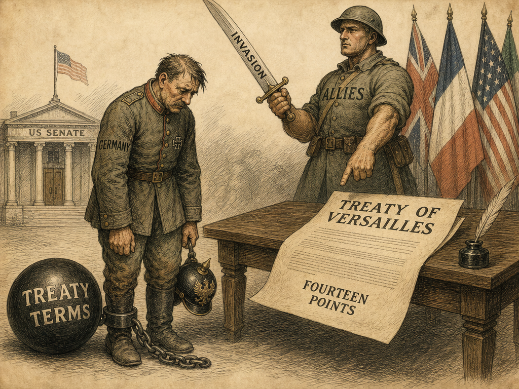 An American political cartoon from around 1919, showing Germany bound by a ball and chain, threatened with a sword representing the possibility of Allied invasion if it refused to sign. It references the Fourteen Points and the fact that the US Senate refused to ratify the final Treaty.