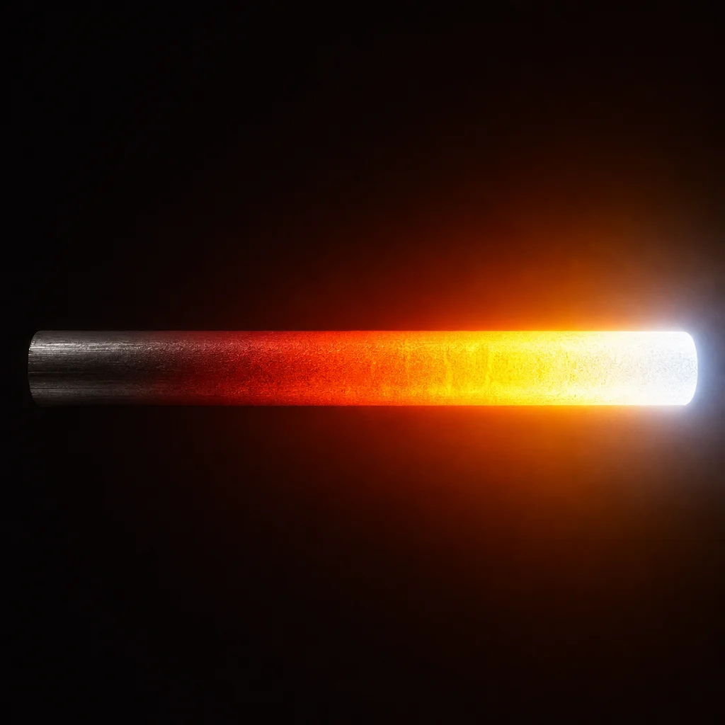 A metal bar heated to progressively higher temperatures, showing the full black-body colour progression along its length: dark unheated steel on the left, then dull red, cherry red, bright orange, yellow, and brilliant white-hot with a slight blue tinge on the right. The colour gradient along the bar demonstrates how the wavelength of emitted radiation shifts as temperature increases.