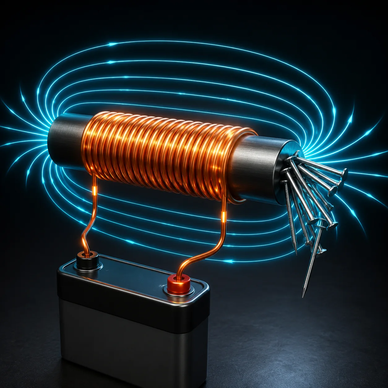 A 3D render of an electromagnet: copper coil on iron core, battery connected, cyan field lines arcing around, iron nails attracted to the pole. Click each part to learn how electromagnets work.