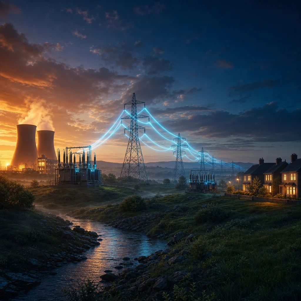 GCSE Physics revision: national grid from power station, step-up transformer, pylons to homes