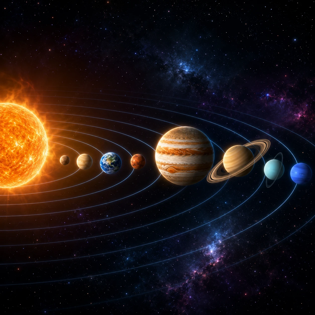 Solar system showing the Sun and 8 planets in order: Mercury, Venus, Earth, Mars, asteroid belt, Jupiter, Saturn, Uranus, Neptune with orbital periods